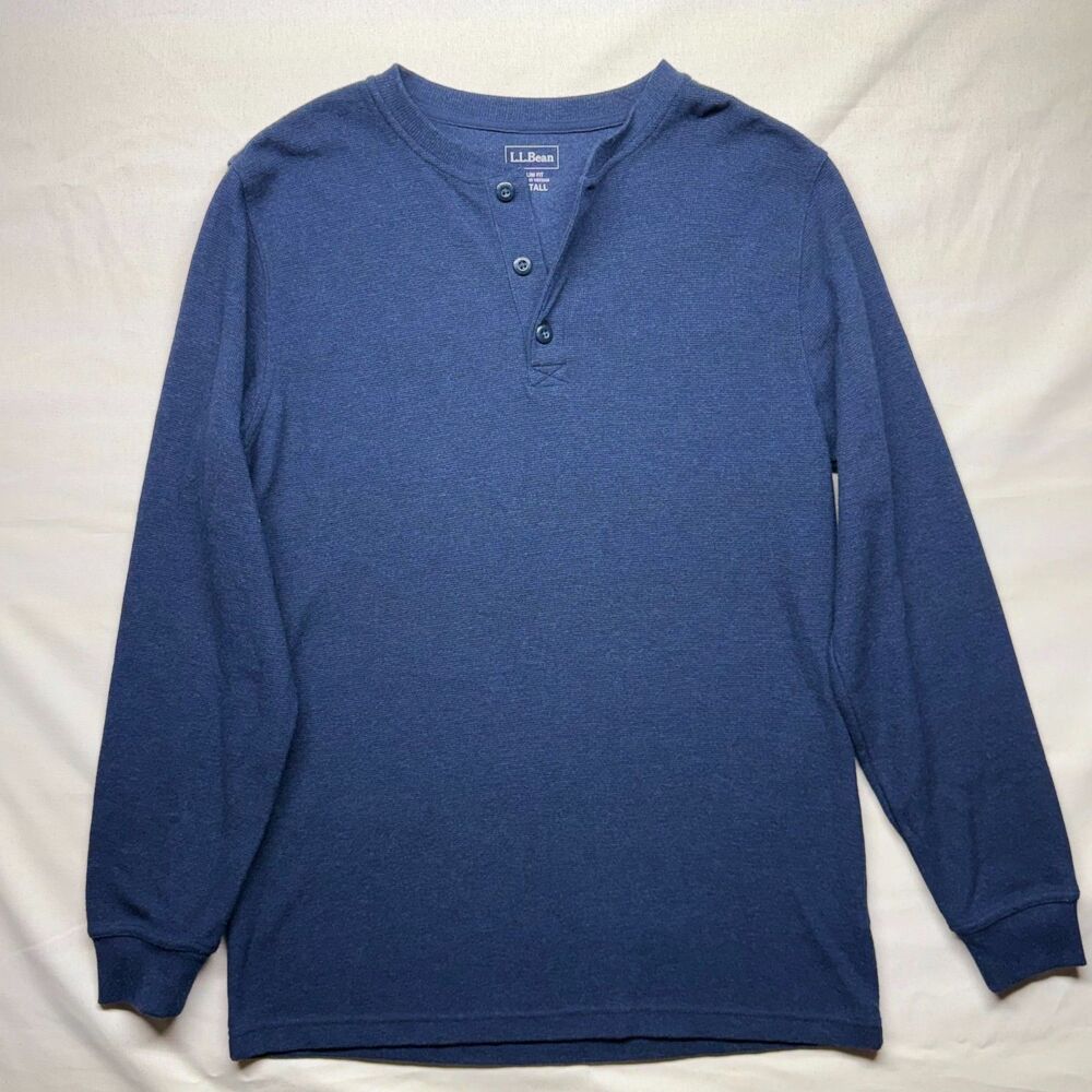 L.L. Bean Carefree Cotton Unshrinkable Waffle-Knit Henley Indigo Blue M Tall